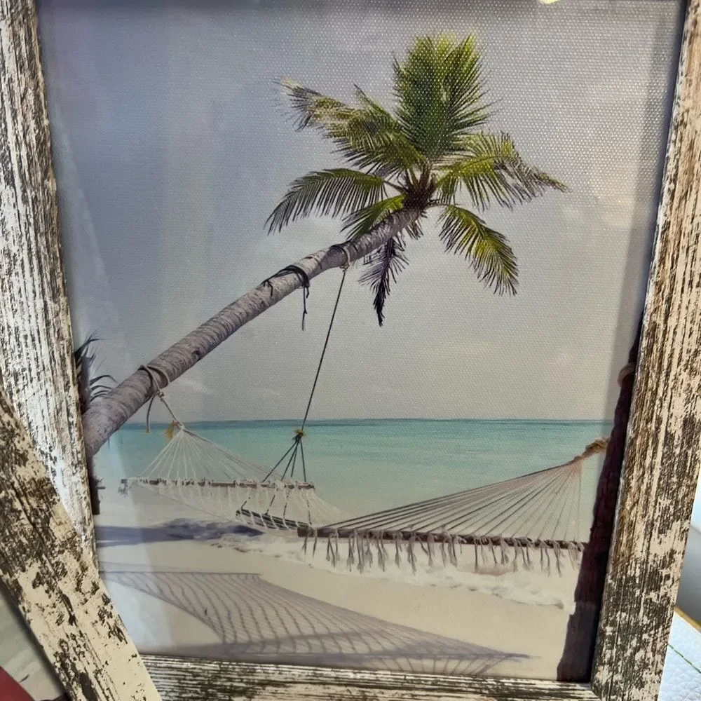 2 Framed Canvas Beach Photos & Rustic Distressed Photo Frame Set of 2 #DCYC